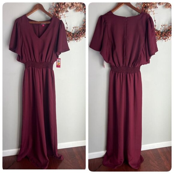 Vince Camuto Womens Chiffon Wide Leg Jumpsuit SMALL Crisp Merlot Flutter Sleeve - Picture 1 of 14